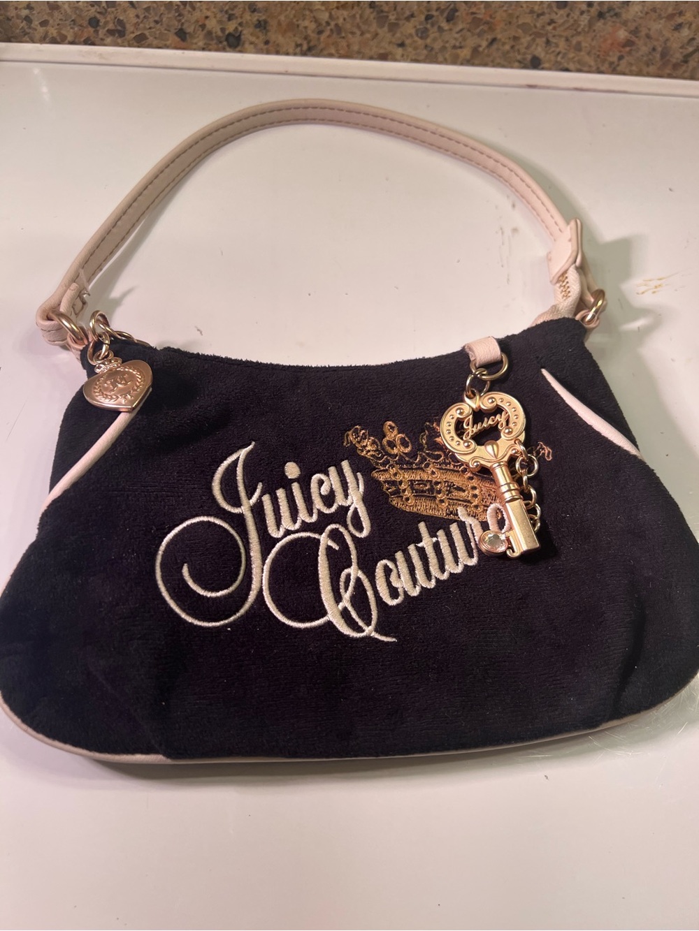 Juicy Couture Black Velvet Shoulder Bag with Cream Trim & Gold Key Charm 9.5x5.5
